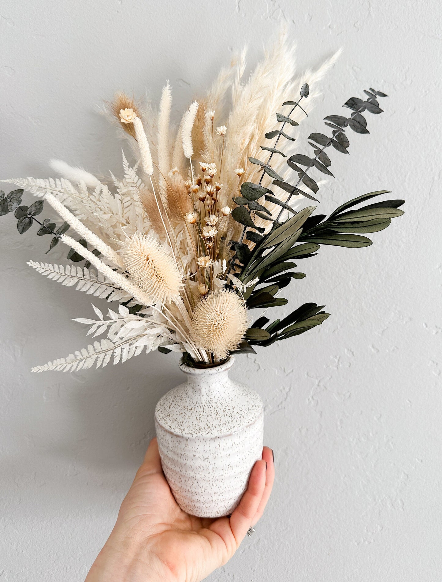 White Thistle, Olive + Eucalyptus Dried Floral Arrangement