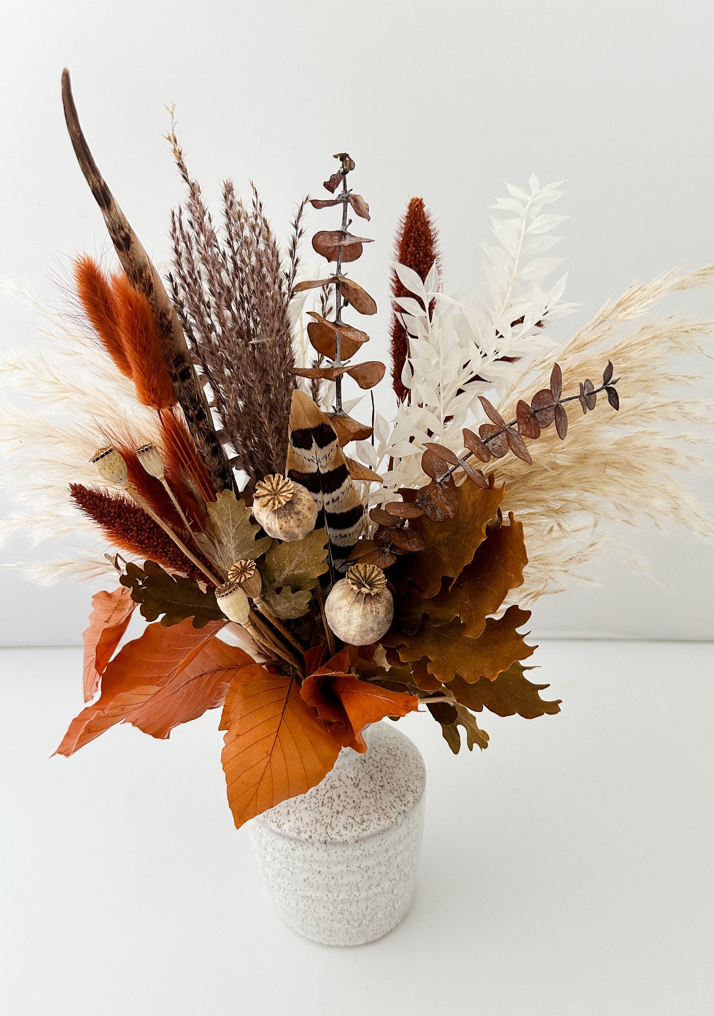 Fall Leaf and Pheasant Feather Dried Flower Bud Vase Centerpiece