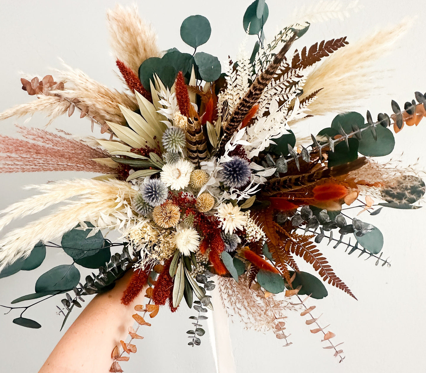 Terracotta, Dusty Blue, Pheasant Feather Bouquet/ Bride and Bridesmaids/ Dried Flower Bouquet/ Wedding Flowers