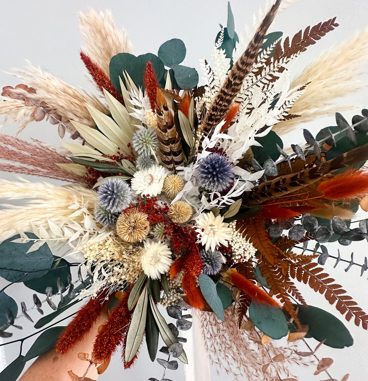 Terracotta, Dusty Blue, Pheasant Feather Bouquet/ Bride and Bridesmaids/ Dried Flower Bouquet/ Wedding Flowers