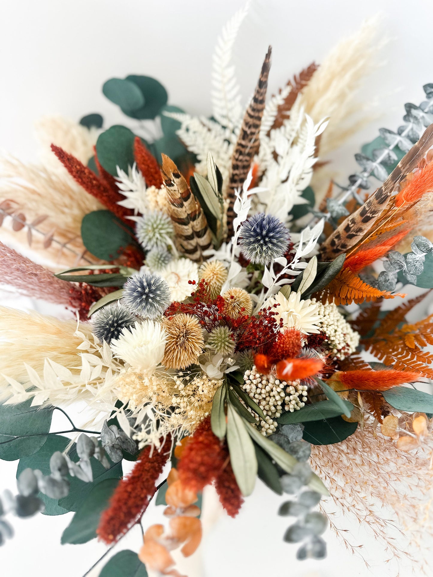 Terracotta, Dusty Blue, Pheasant Feather Bouquet/ Bride and Bridesmaids/ Dried Flower Bouquet/ Wedding Flowers