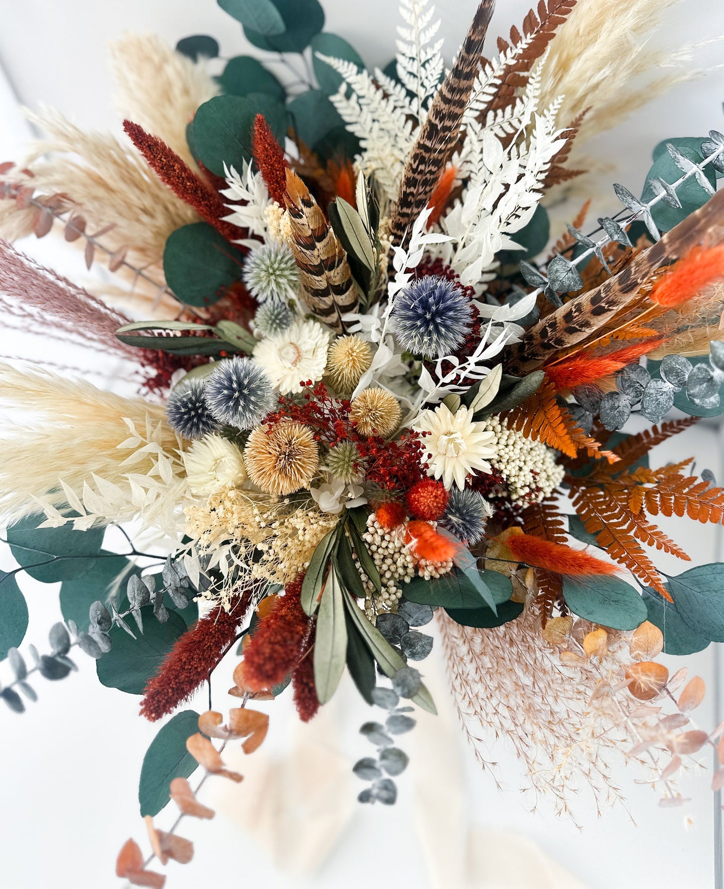 Terracotta, Dusty Blue, Pheasant Feather Bouquet/ Bride and Bridesmaids/ Dried Flower Bouquet/ Wedding Flowers