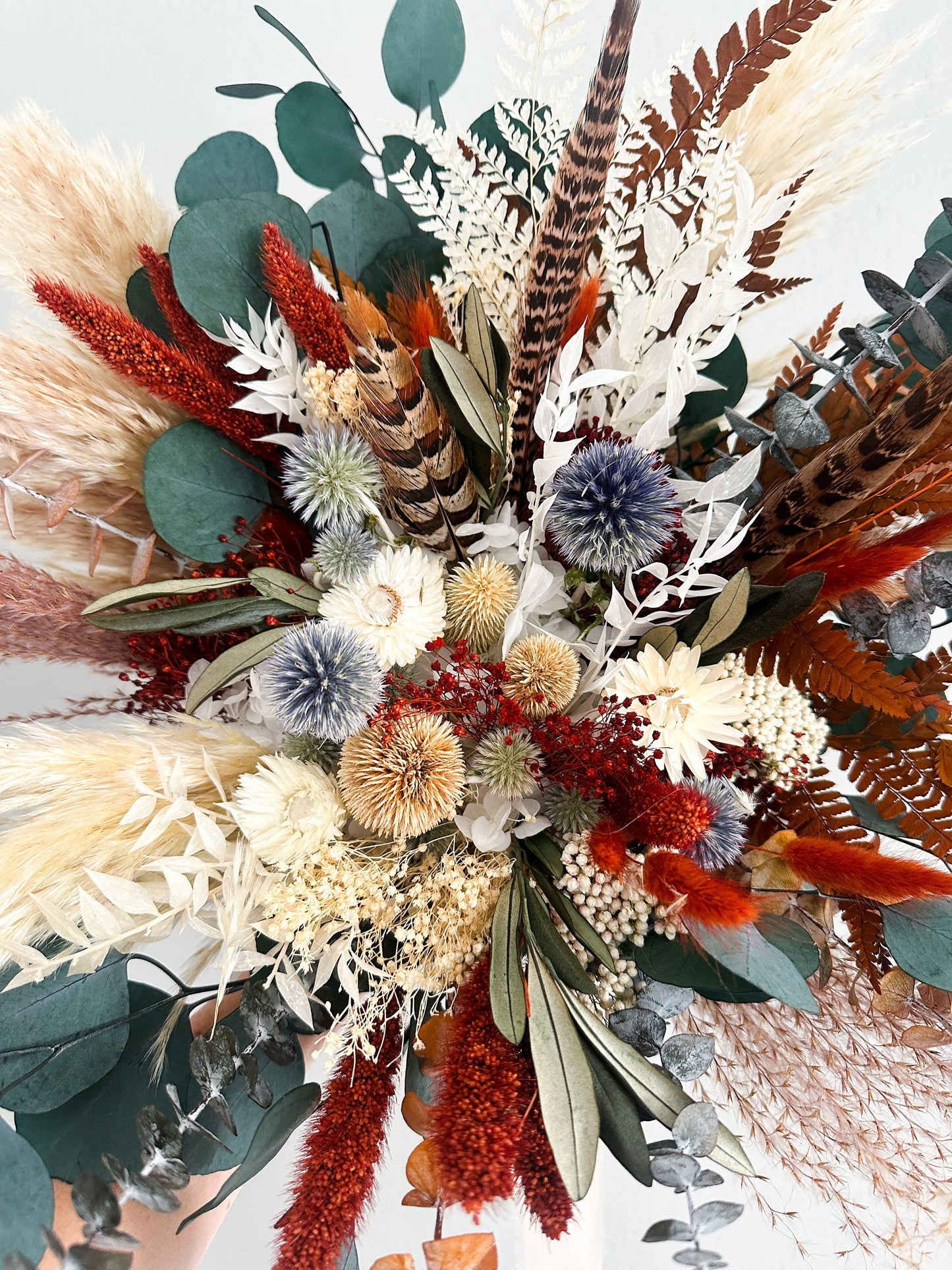 Terracotta, Dusty Blue, Pheasant Feather Bouquet/ Bride and Bridesmaids/ Dried Flower Bouquet/ Wedding Flowers