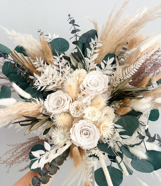 White Rose, Strawflower + Eucalyptus Dried Pampas Grass Bouquet/ Bride and Bridesmaids/ Dried Flower Bouquet/ Wedding Flowers