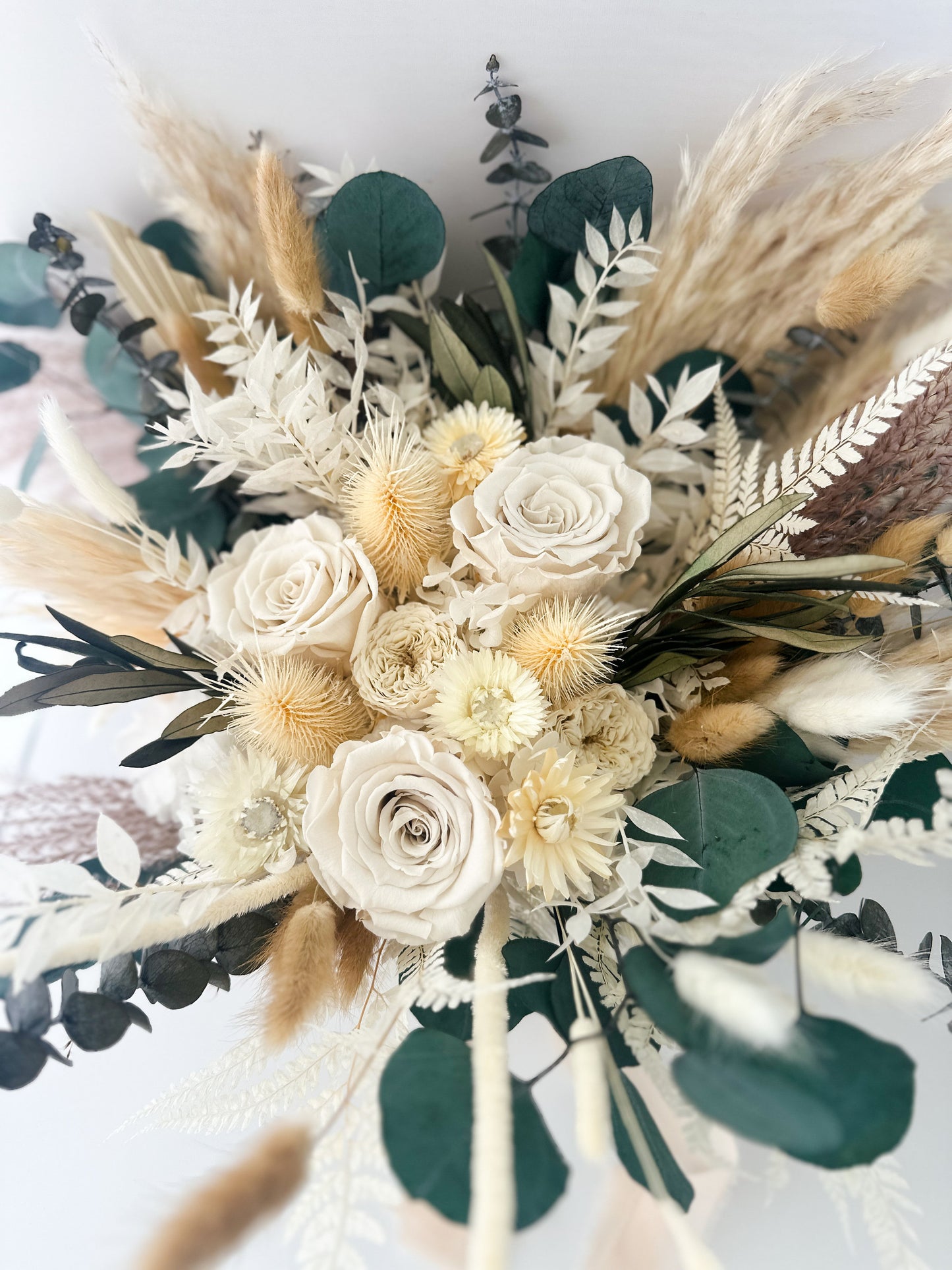 White Rose, Strawflower + Eucalyptus Dried Pampas Grass Bouquet/ Bride and Bridesmaids/ Dried Flower Bouquet/ Wedding Flowers