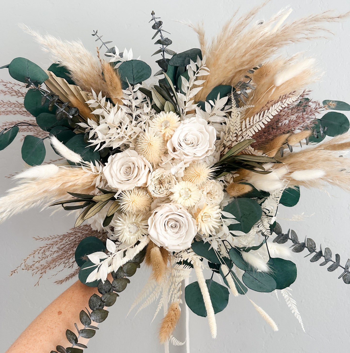 White Rose, Strawflower + Eucalyptus Dried Pampas Grass Bouquet/ Bride and Bridesmaids/ Dried Flower Bouquet/ Wedding Flowers
